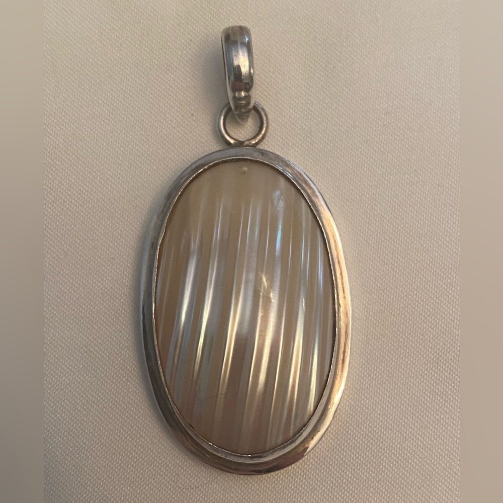 Vintage Large 925 Sterling Silver & Mother of Pearl Domed Oval Pendant  2.3" 20g